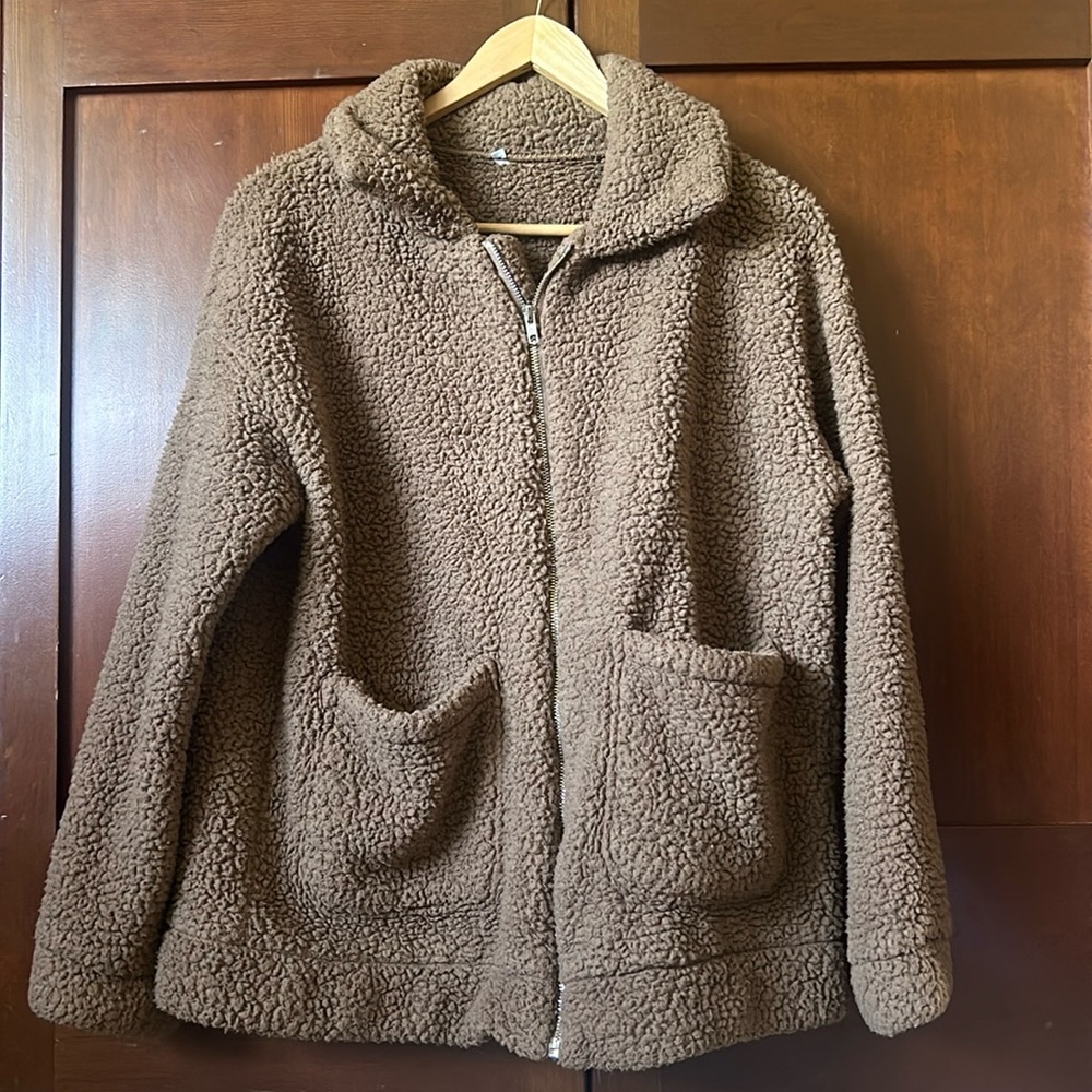 Fluffy, brown, zip up jacket